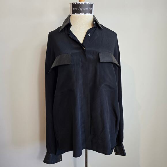 bok haute Tops - Vintage BOK HAUTE COUTURE Black Button Down Blouse Leather Trim (741)